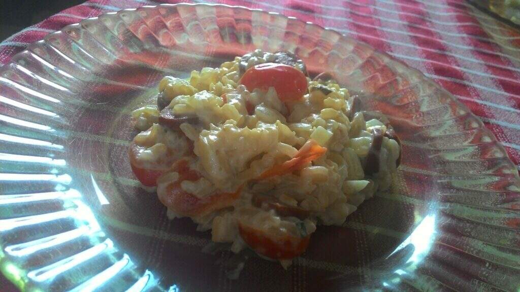 Risoto de Linguiça Fininha Defumada, Tomate Cereja e Maionese