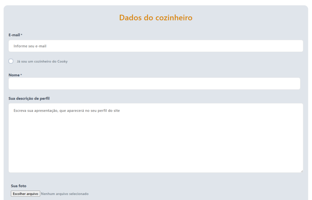 Formulário para preenchimento de dados do perfil do Cozinheiro