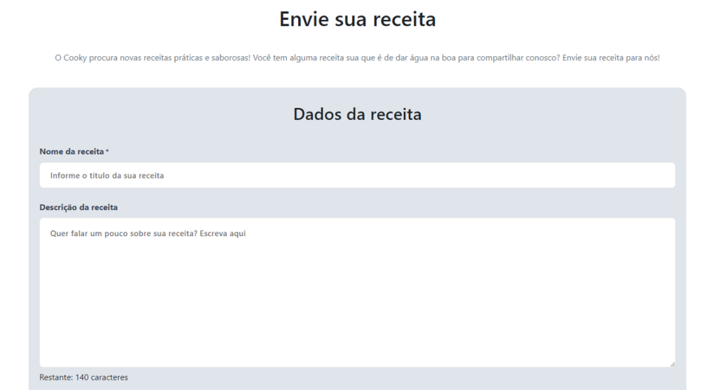 Página "Envie sua receita" do site do Cooky