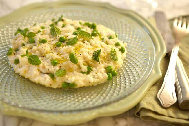 risoto de ervilha e hortelã