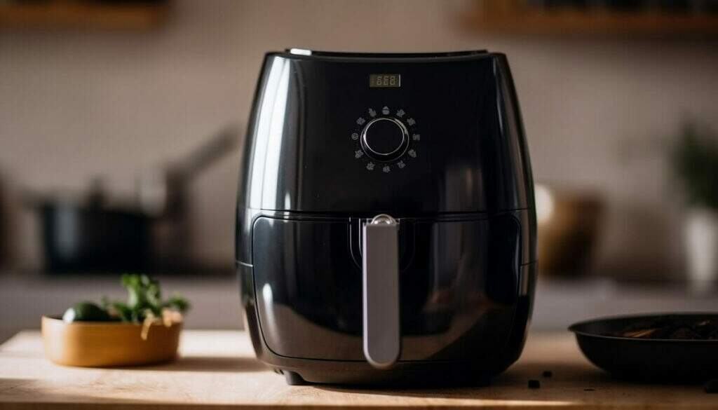 Em uma bancada, posicionada ao lado de uma bandeja com temperos, está a fritadeira elétrica também conhecida como Air Fryer