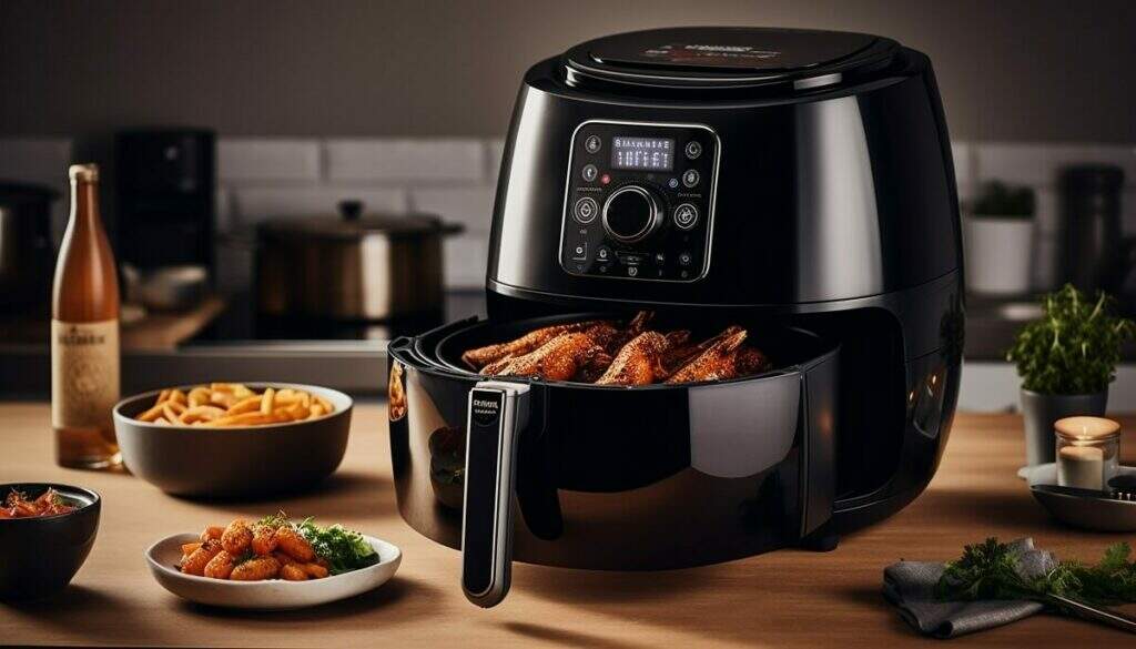 Em uma bancada repleta de utensílios de cozinha com temperos e alimentos está a Air Fryer com o cesto aberto com carne assada