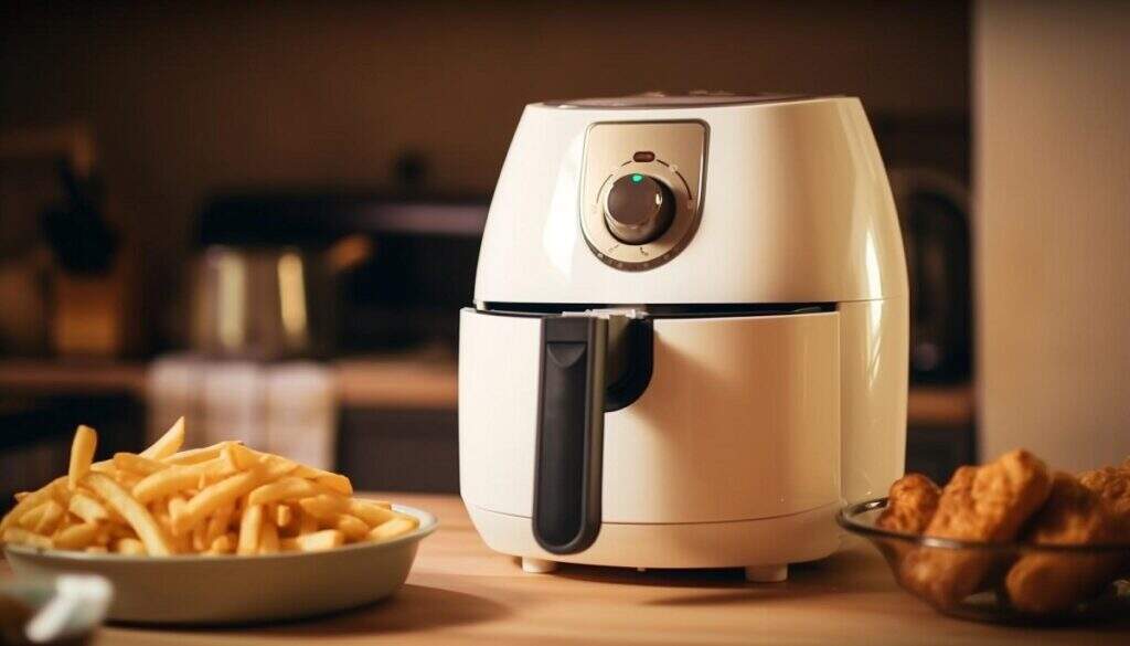 Air Fryer sob uma bancada. Ao lado um prato com batata frita e frango frito