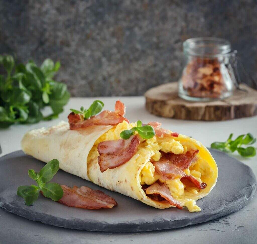 Wrap de ovos mexidos com bacon