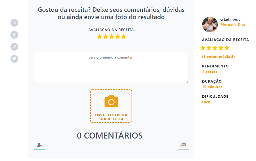 Seção de comentários da página de receitas do site do Cooky